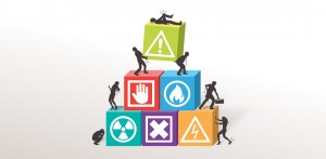 Illustration Illustration de 7 personnes et de grands cubes de différentes couleurs en forme de pyramide.